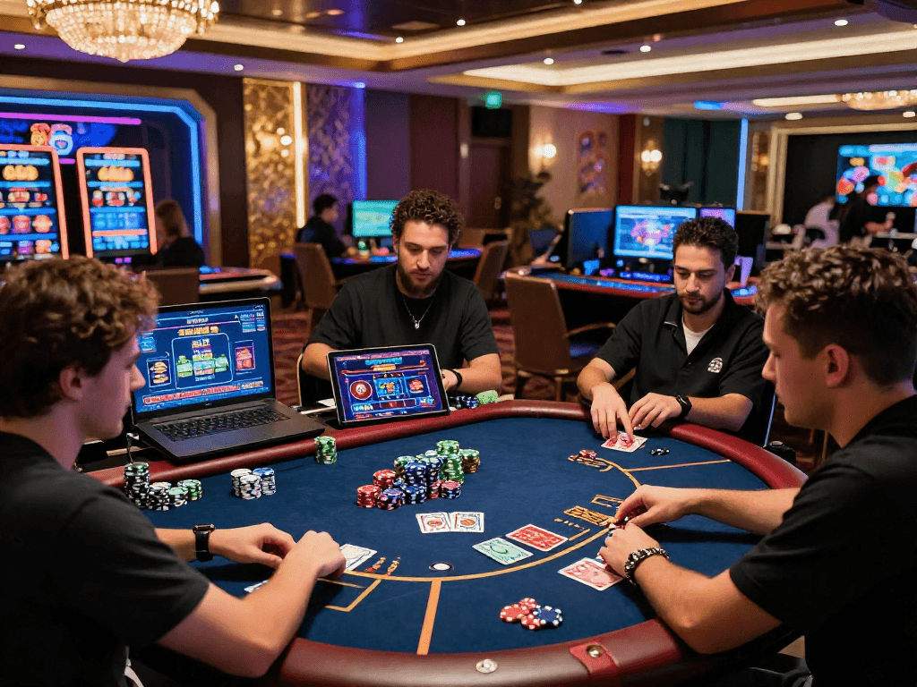Scène de casino en ligne animée avec des joueurs fascinés, jeux variés et ambiance dynamique.