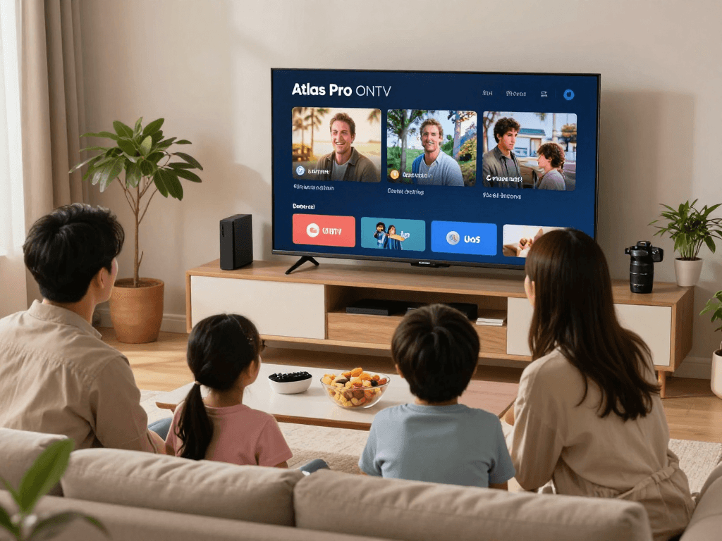 Une famille profitant de l'application Atlas Pro ONTV sur un grand téléviseur dans un salon confortable.