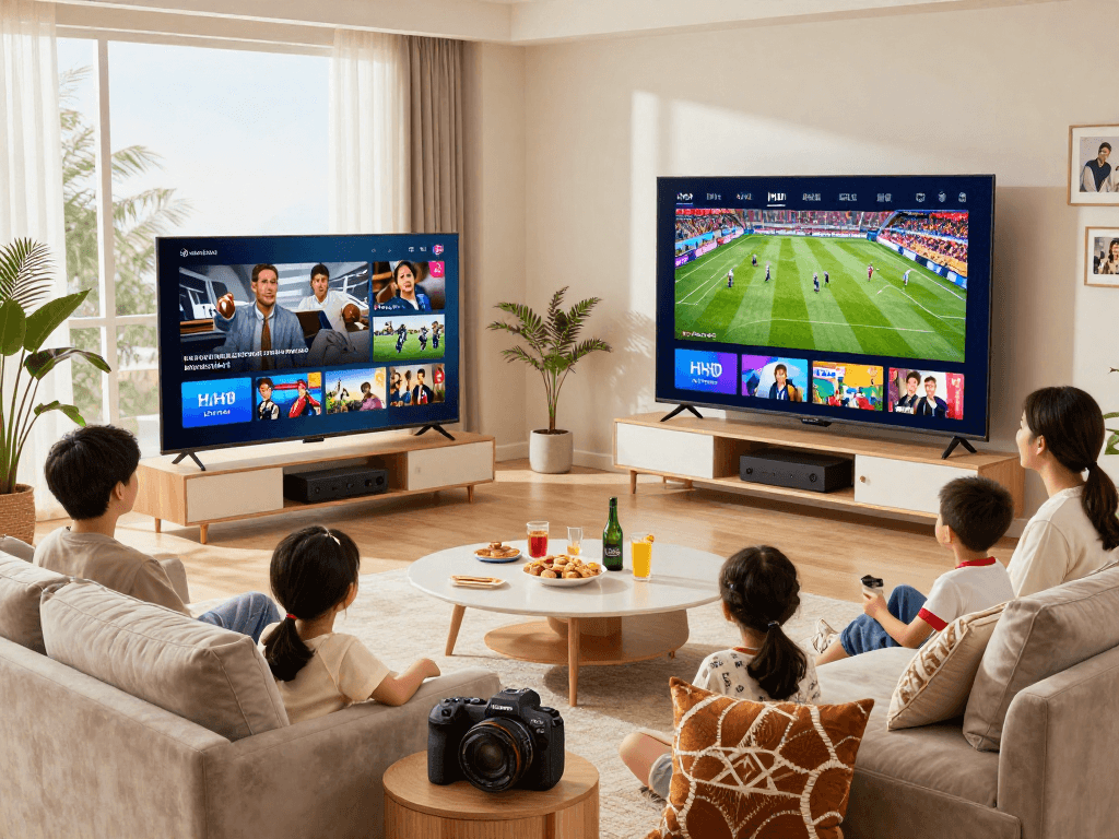 Famille heureuse profitant d'Atlas pro dans leur salon moderne avec téléviseur intelligent.