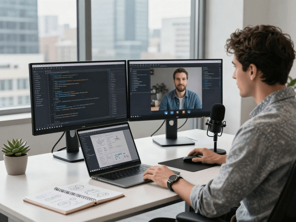 Scène de travail de développeur avec Atlas pro ontv dans un bureau moderne