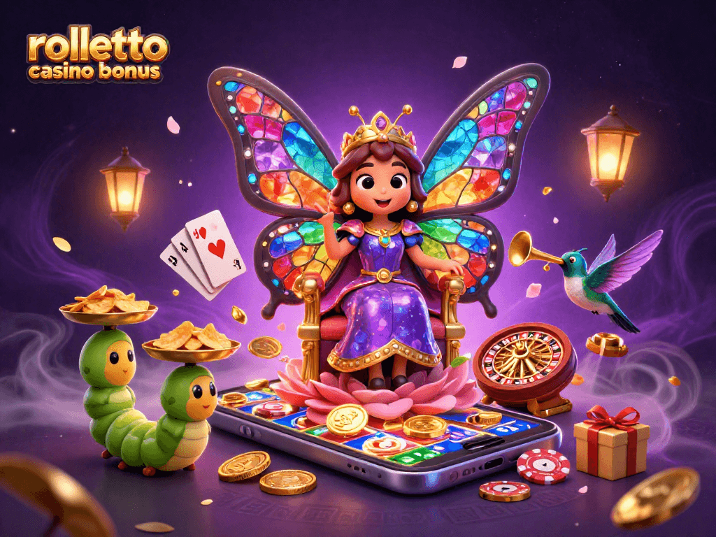 jouez au bonus Rolletto casino avec des personnages et éléments colorés dans une illustration dynamique