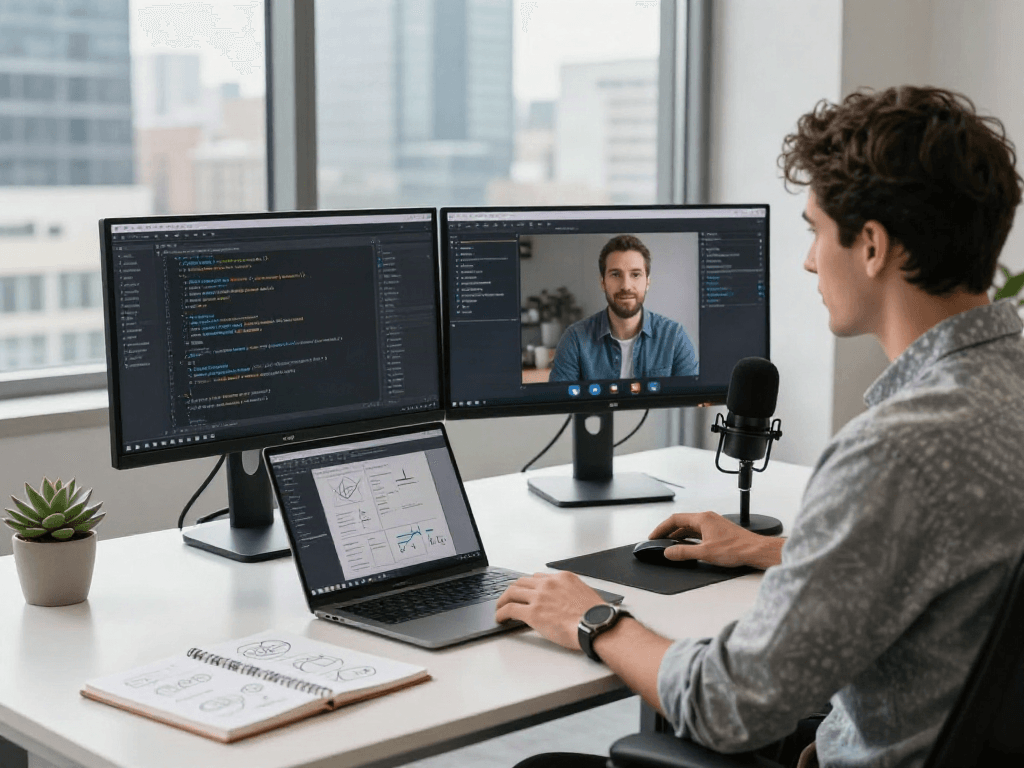 Scène de travail de développeur avec Atlas pro ontv dans un bureau moderne