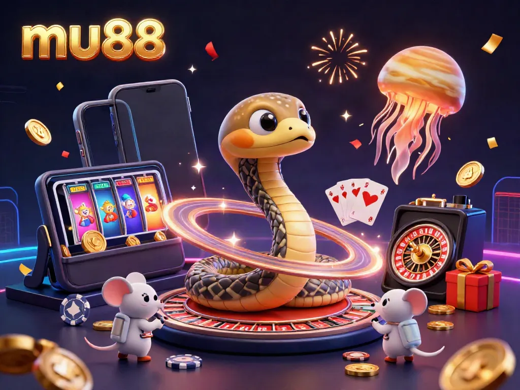 Experience the excitement of mu88 with a vibrant 3D illustration of casino games and cosmic adventures.
