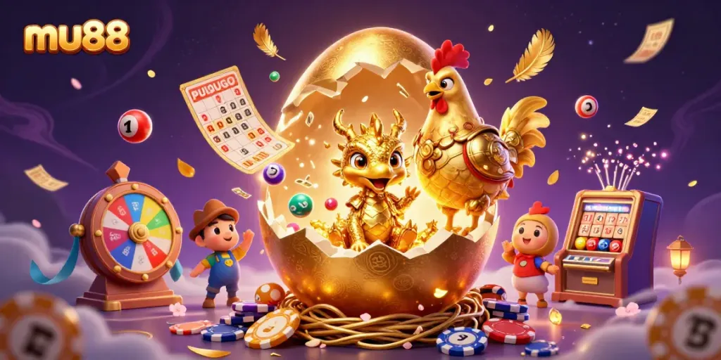 Engage with mu88's gold dragon and poker chips amidst a vibrant casino backdrop.