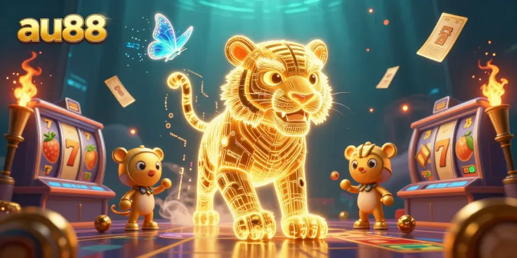 Experience exciting gameplay at au88 with a vibrant 3D casino scene featuring a neon tiger.