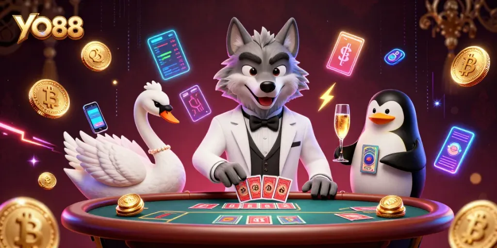 Engage in exciting casino games with YO88 through illustrated characters and vibrant gaming elements.
