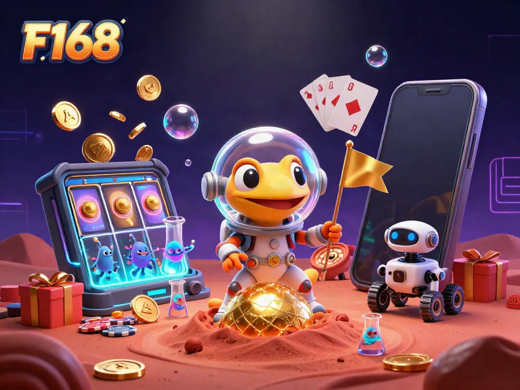 Experience F168's vibrant gaming scene with a Martian gecko discovering a golden casino oasis.