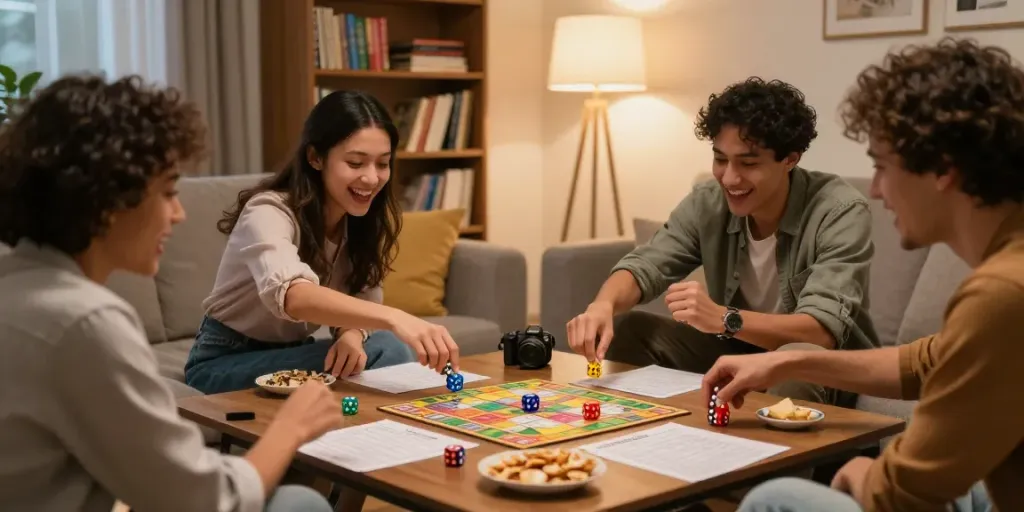 Des amis jouant à un jeu de dés dans un salon accueillant, entouré de rires et de bonne ambiance.