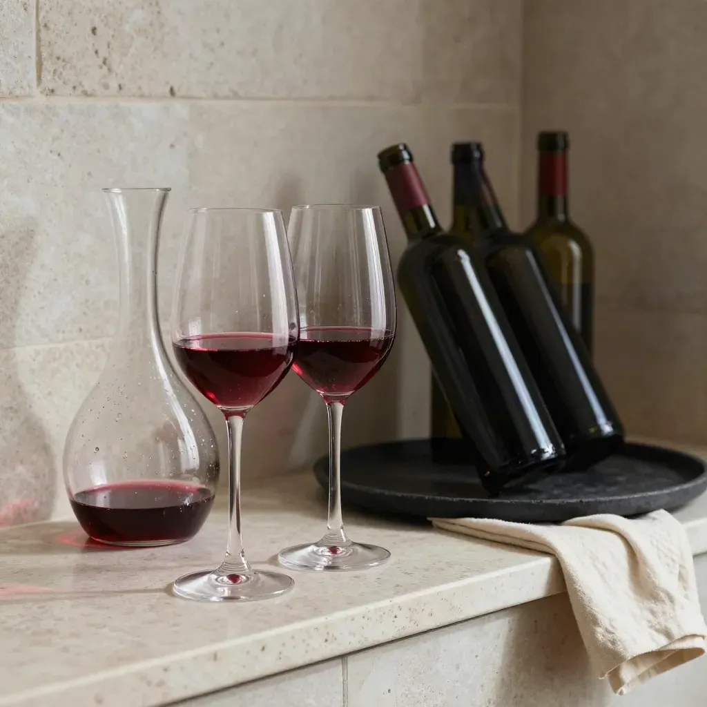 Deux verres de vin, une carafe et des bouteilles dans une cave, vin versé en diagonale.