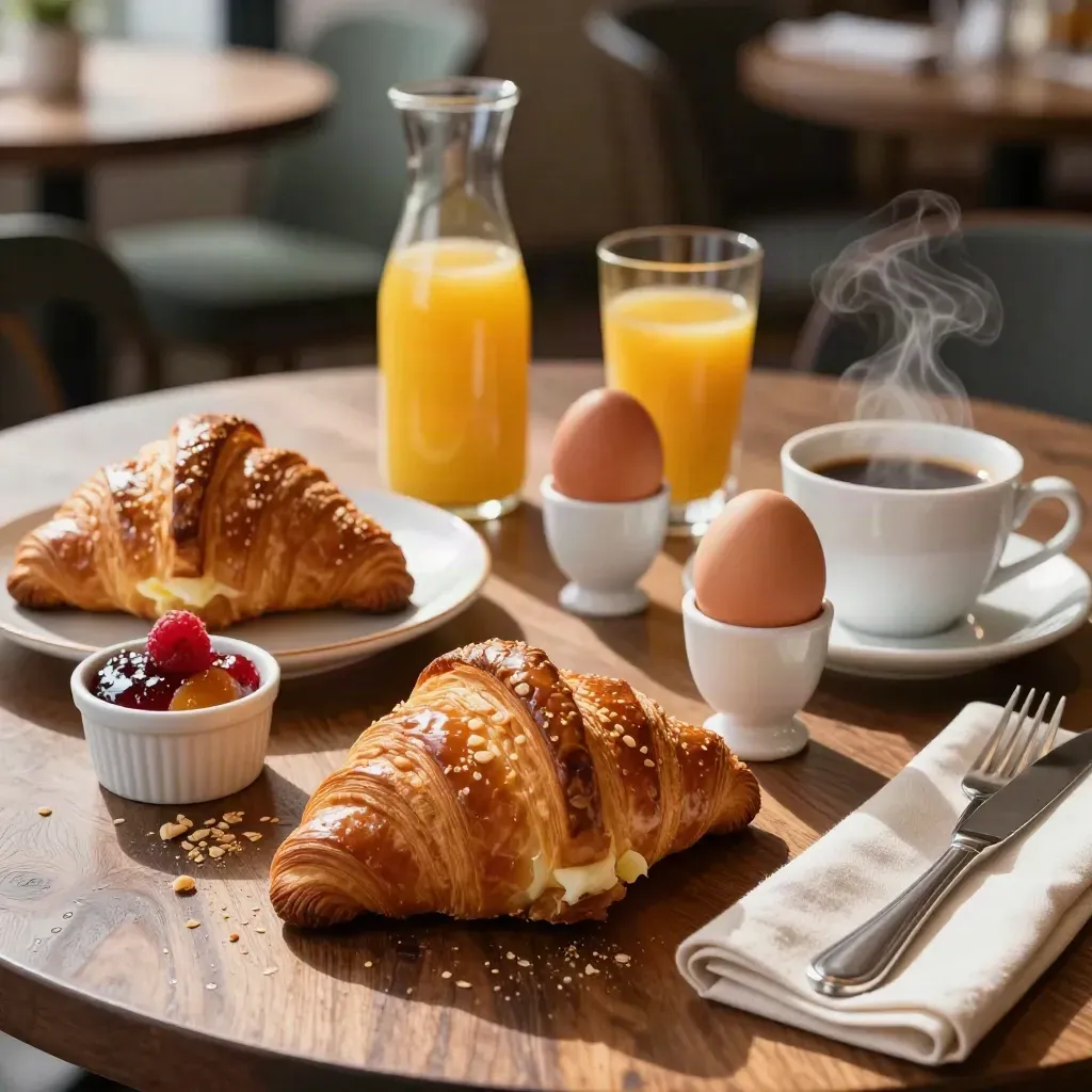 Brunch gourmand sur table en bois avec viennoiseries, œufs mollets, jus et café fumant.