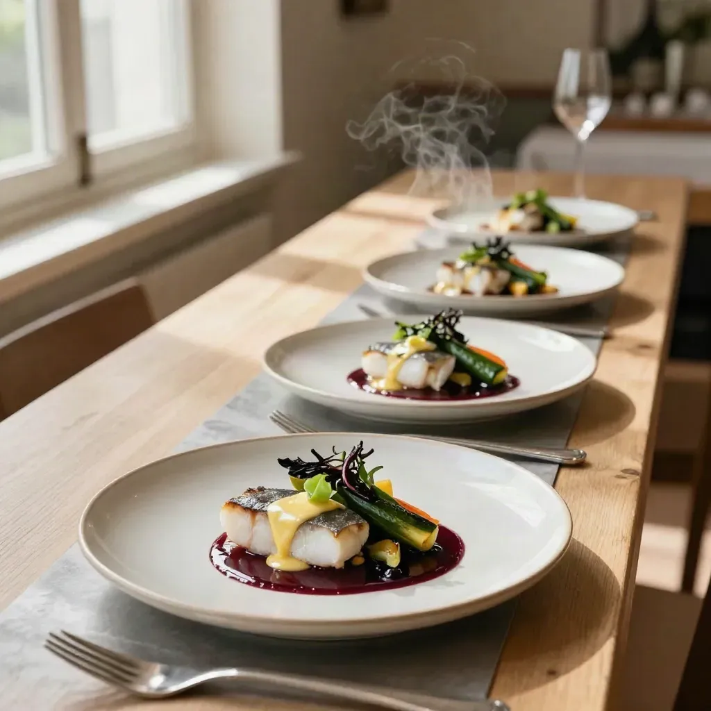 Petites assiettes de menu dégustation avec poisson nacré, légumes rôtis et sauce brillante, en diagonale.