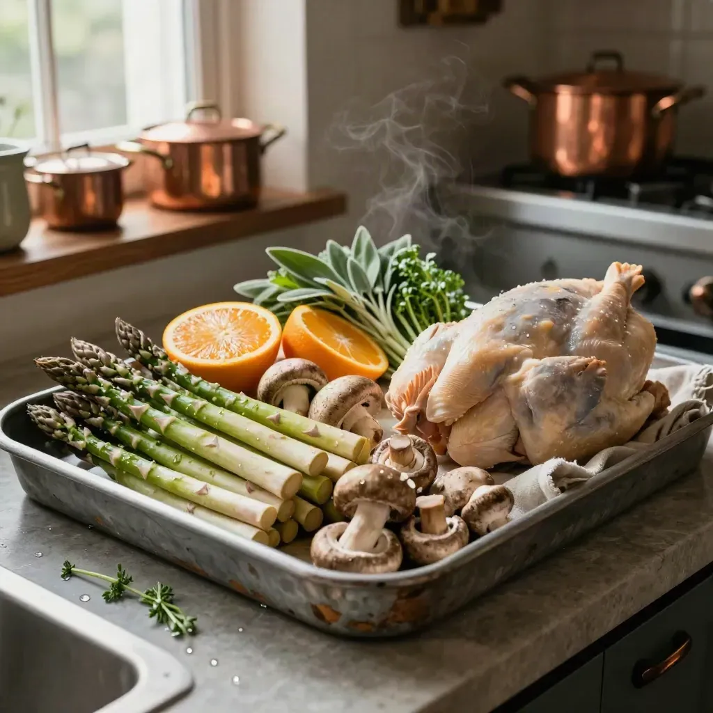Plateau de marché avec asperges, champignons, agrumes, herbes et volaille en cuisine.