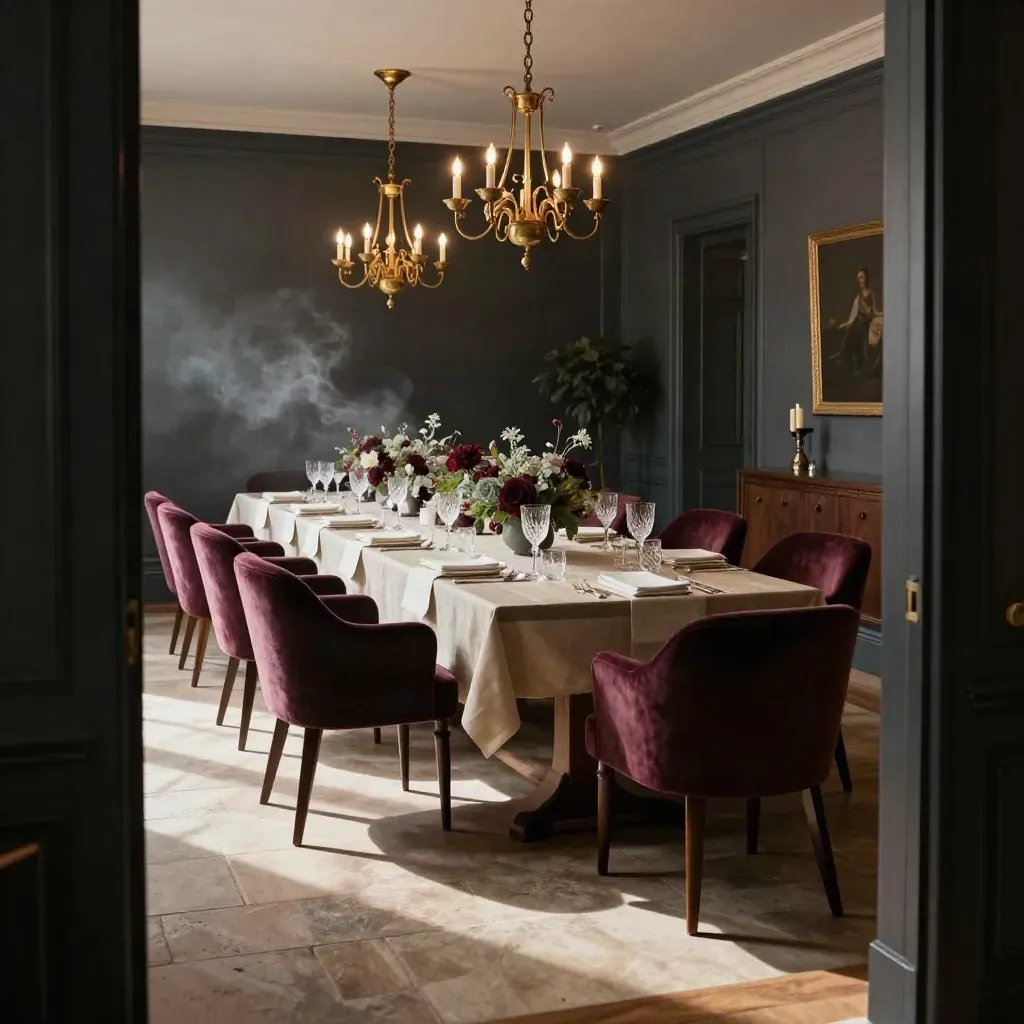Salle privative élégante avec grande table, chandeliers allumés et bouquets bas en lueur de bougies.