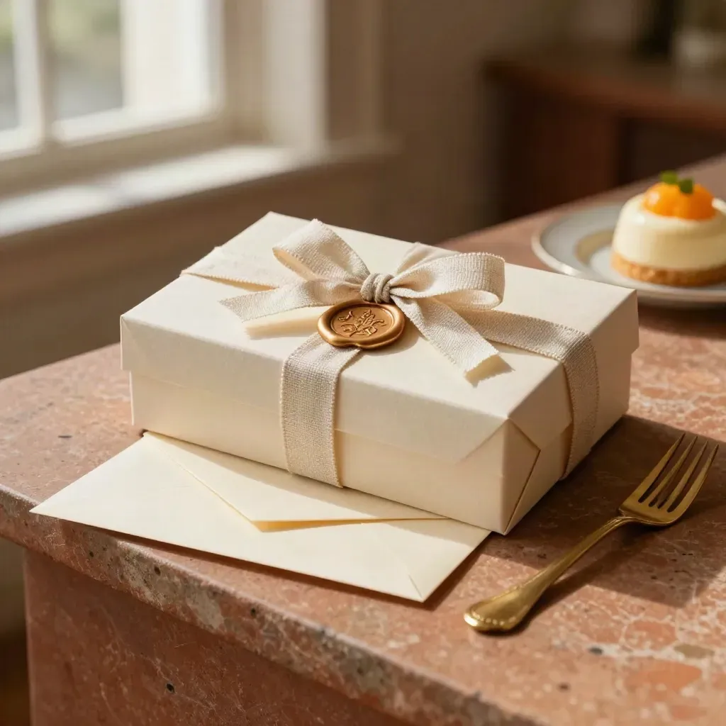 Coffret cadeau ivoire et dessert raffiné sur pierre terracotta, lumière douce de fenêtre.