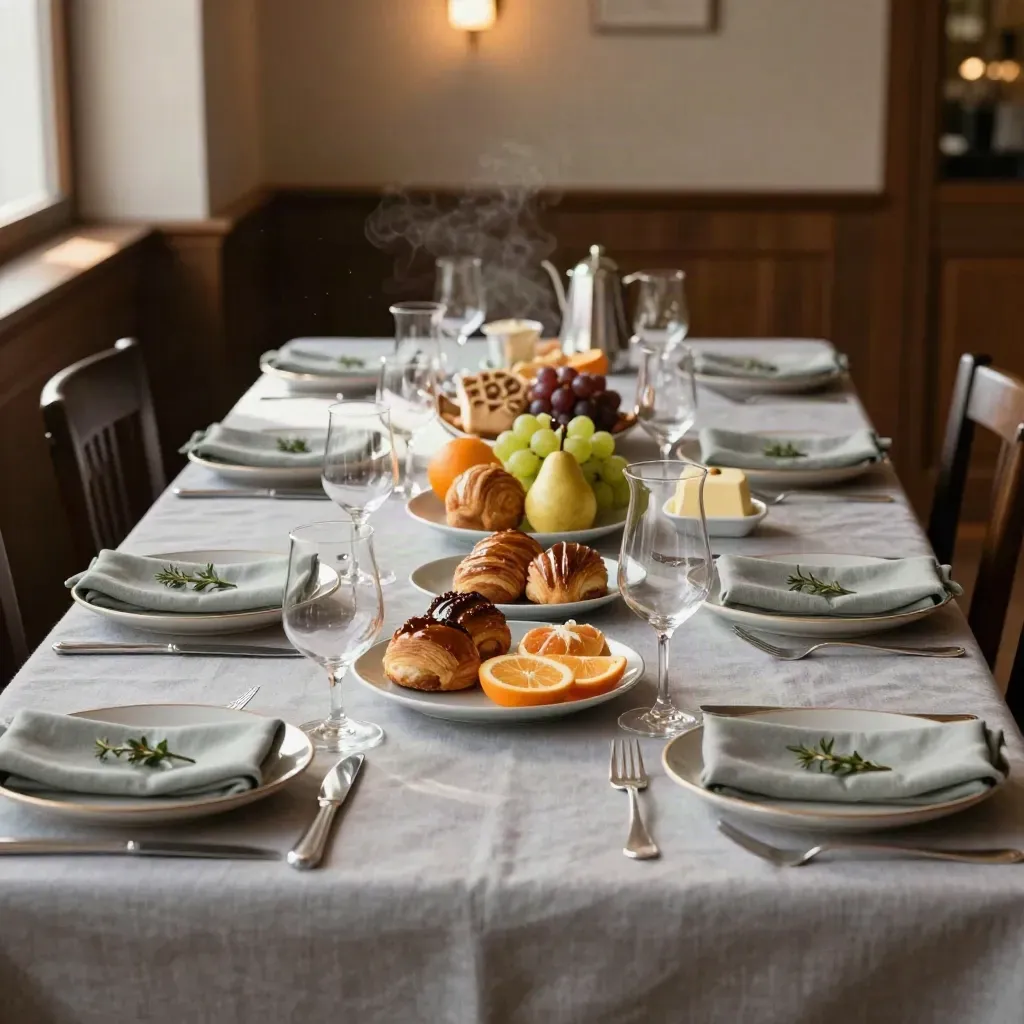 Grande table de brunch dressée, carafes, viennoiseries, fruits et café dans une salle chaleureuse.