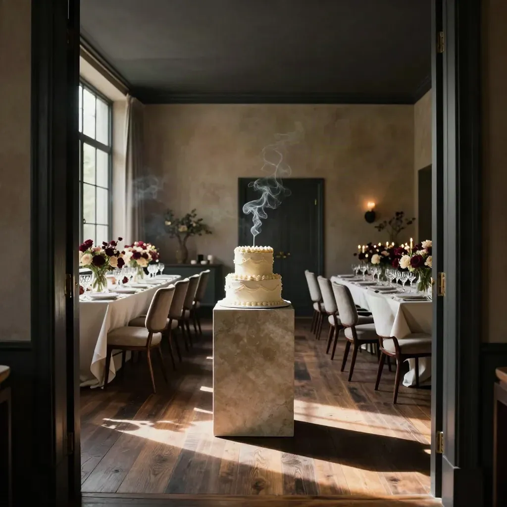 Salle privative d’anniversaire avec gâteau, chandelles et bouquets bas, ambiance feutrée.