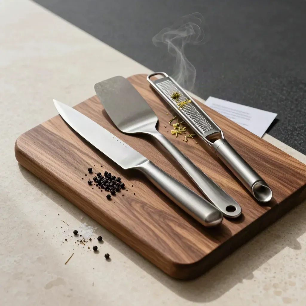 Ustensiles du chef sur planche de noyer, poivre noir et herbes fraîches.
