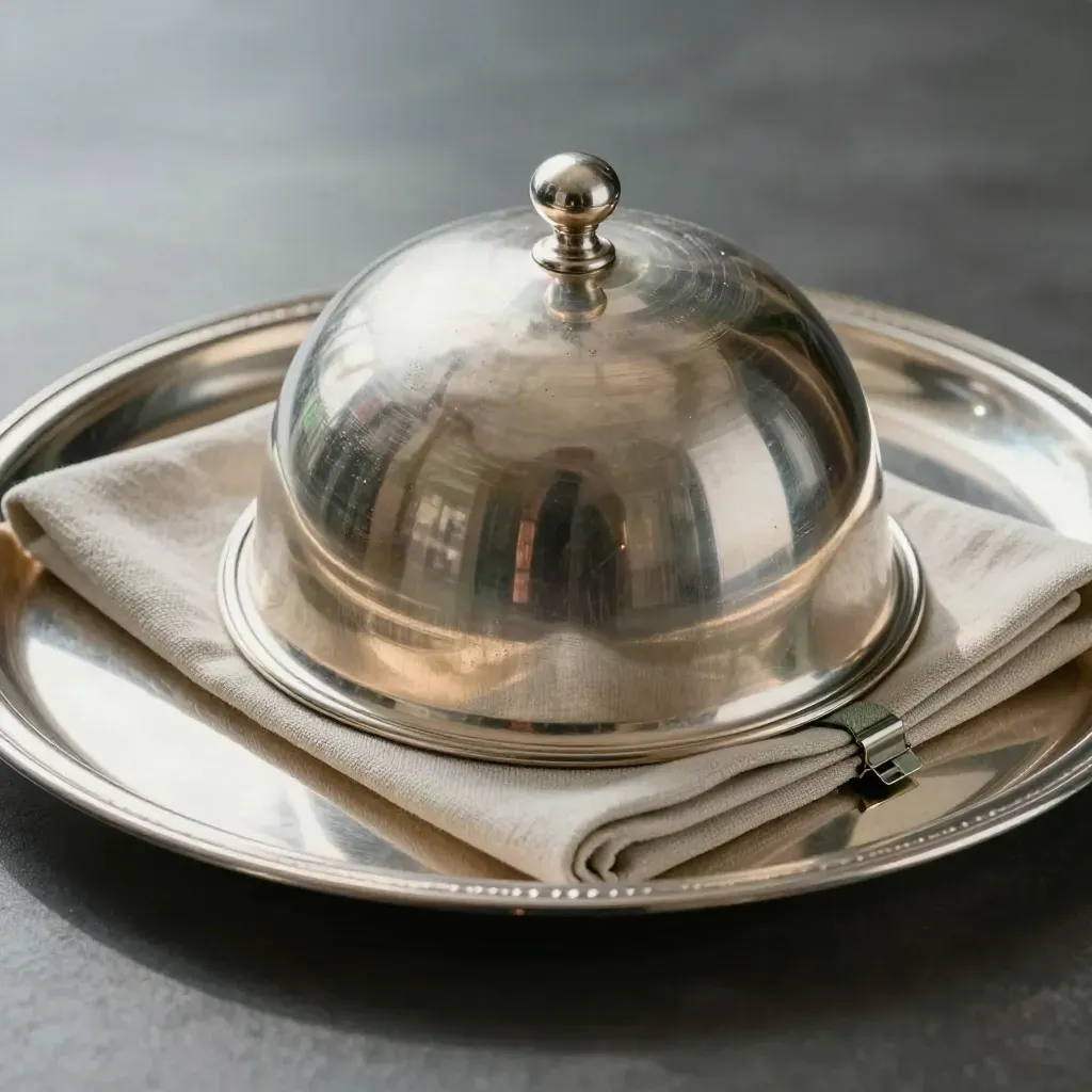 Plateau de service en argent, cloche polie et linge de lin, lumière douce et raffinée.