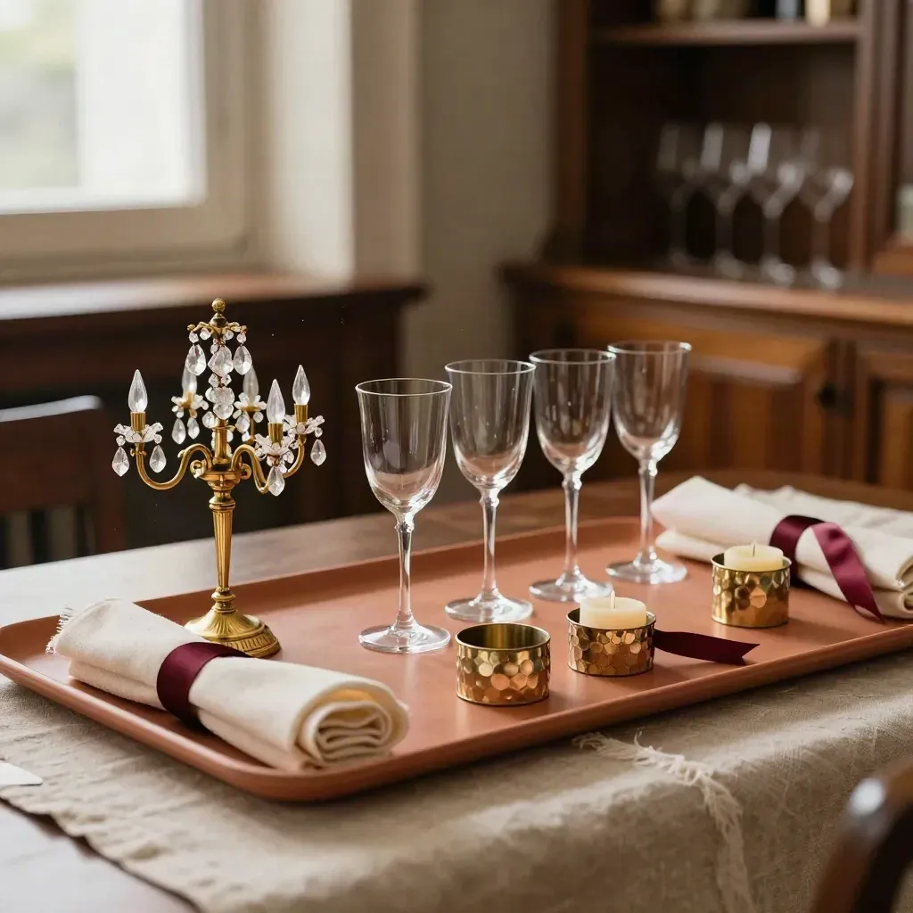Mini-chandeliers, rubans de lin et flûtes alignées avant le dressage d’un événement chic.