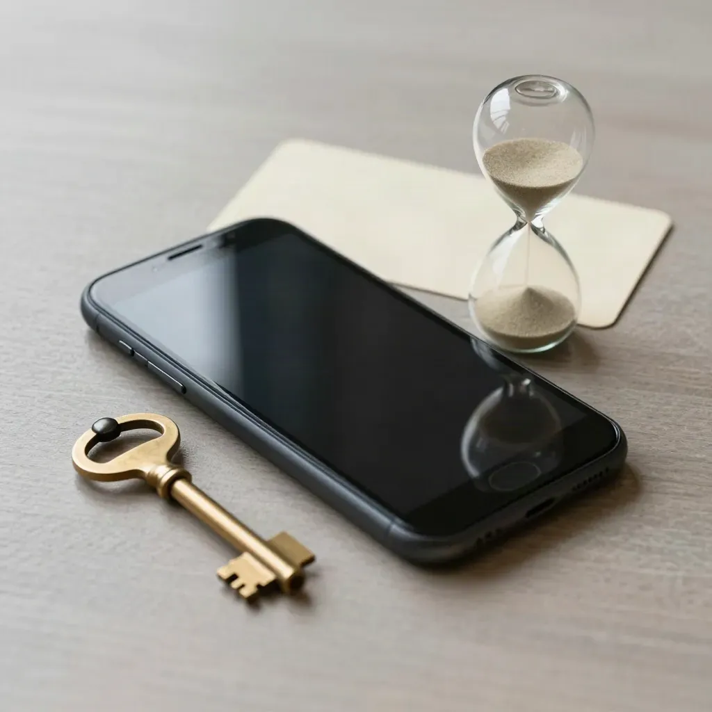 Smartphone noir, clé de table en laiton et petit sablier sur bois clair, lumière douce.