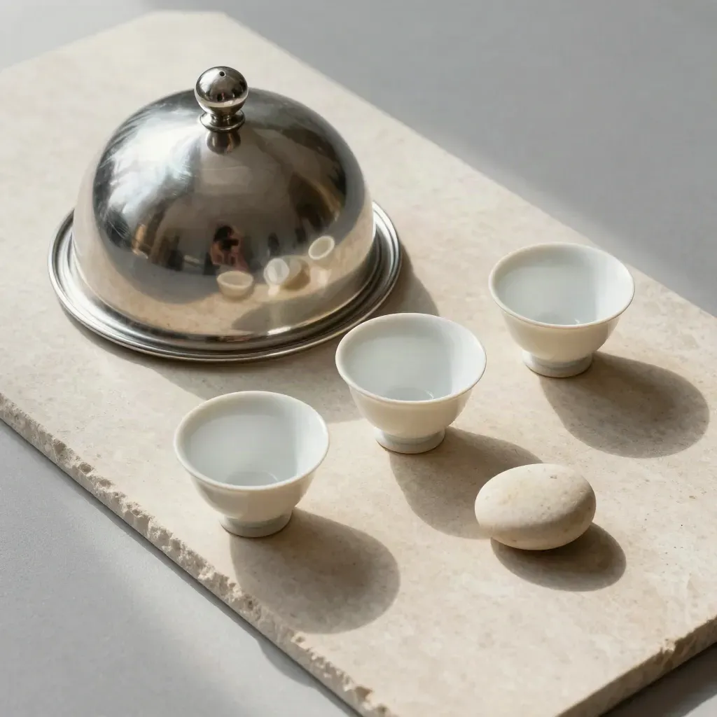 Cloche de service, trois coupelles couvertes et galet de table sur pierre claire.