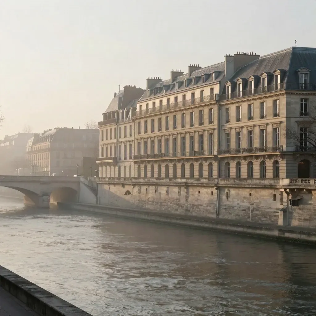 Panorama brumeux de la Seine rive gauche, façades haussmanniennes et pont lointain au crépuscule.