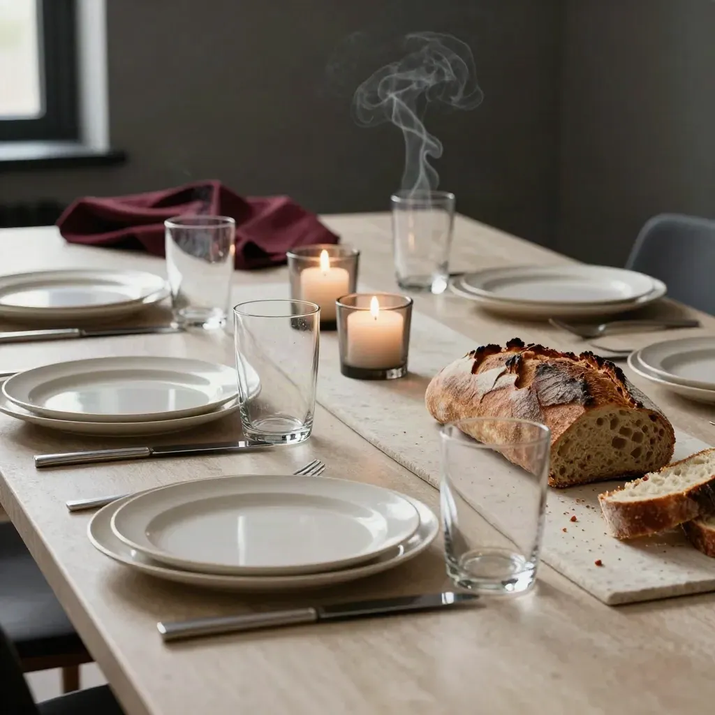 Table dressée avec assiettes chaudes, verres à eau, bougies basses et pain sur table sombre.