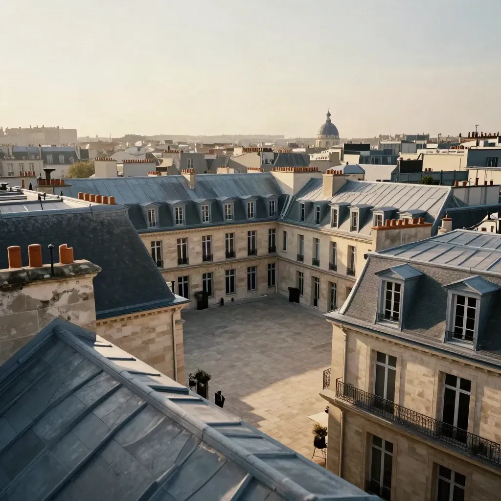 Toits dorés du centre de Paris et cour de pierre lumineuse au soleil couchant.