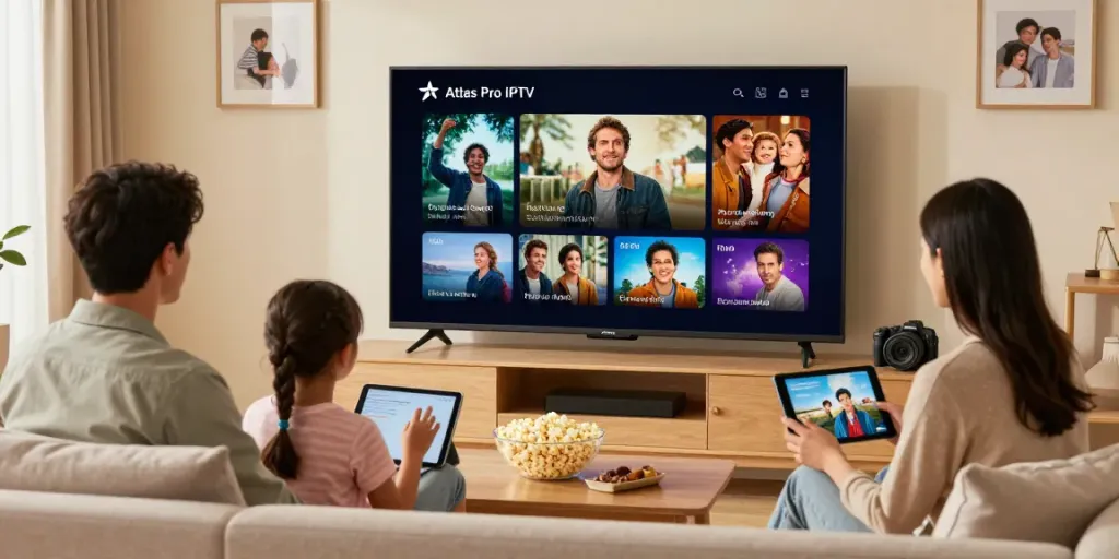 Profitez de l'application atlas pro iptv pour un divertissement familial dans un salon accueillant.