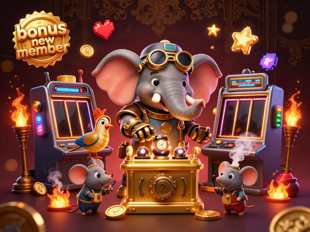 Experience the excitement of slots with the bonus new member featuring a steampunk elephant engineer operating a golden slot machine.