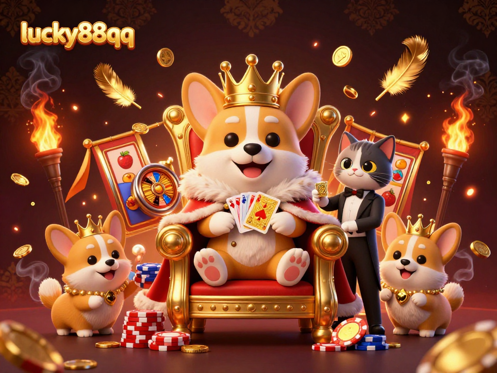Experience exciting gaming at lucky88qq with a royal corgi, golden cards, and rich casino atmosphere.