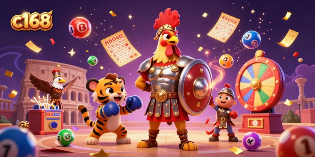 Experience the excitement of c168 with a dynamic illustration featuring a gladiator rooster, tiger cub, and eagle in a magical casino arena.