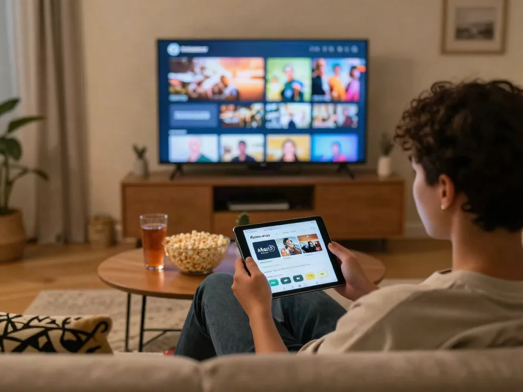 Utilisation de l'application Atlas Pro IPTV pour profiter des chaînes en direct dans un cadre chaleureux.