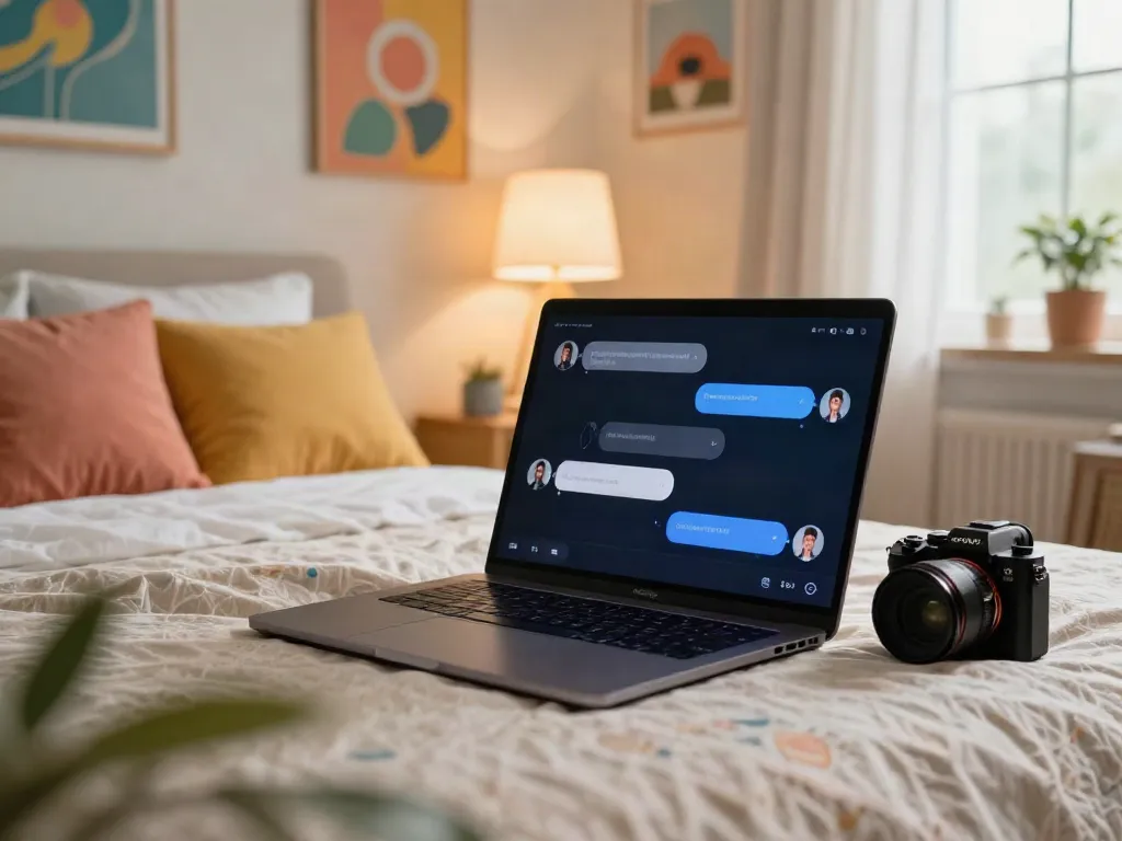 Engaging scene of a cozy bedroom with an AI chatbot on a laptop, perfect for free ai slut conversations.