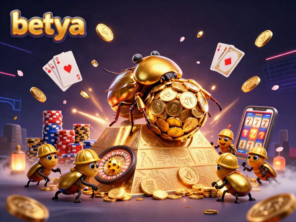 Engage with betya's exciting casino scene featuring golden beetles and vibrant game elements.