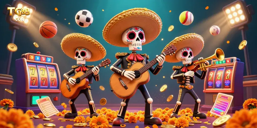 Experience thrilling casino moments with TG88 COM as skeleton mariachi players entertain amidst vibrant slot machines.
