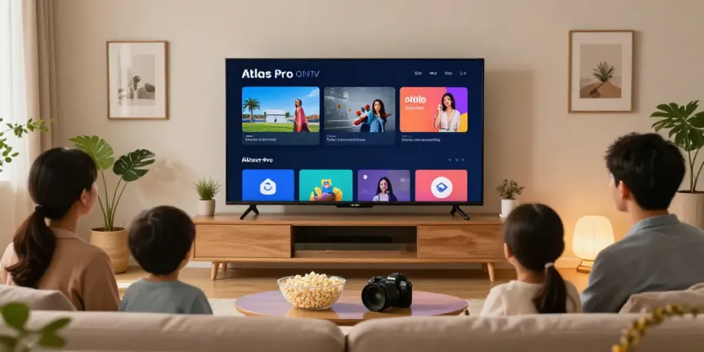 Une famille profitant de l'application Atlas Pro ONTV dans un salon confortable avec TV et ambiance chaleureuse.