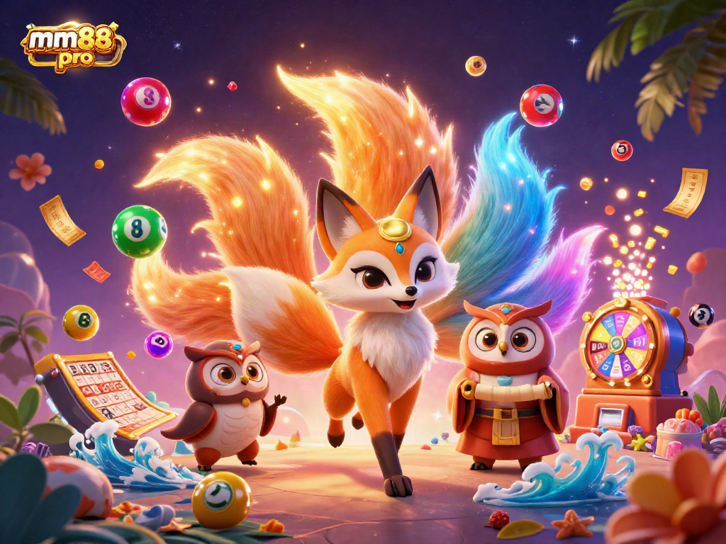 Experience the captivating mm88 pro gaming universe with vibrant characters and lottery elements in a dynamic online casino scene.
