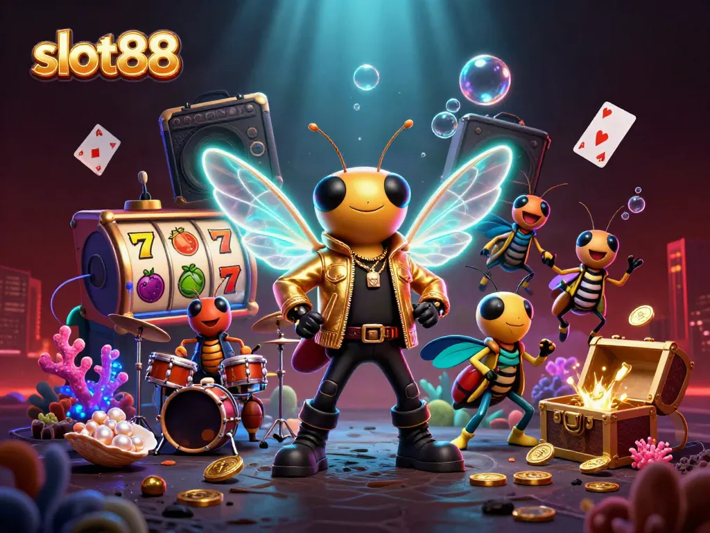 Engage with slot88 action featuring a vibrant 3D scene of a cicada rock star with slot reels.