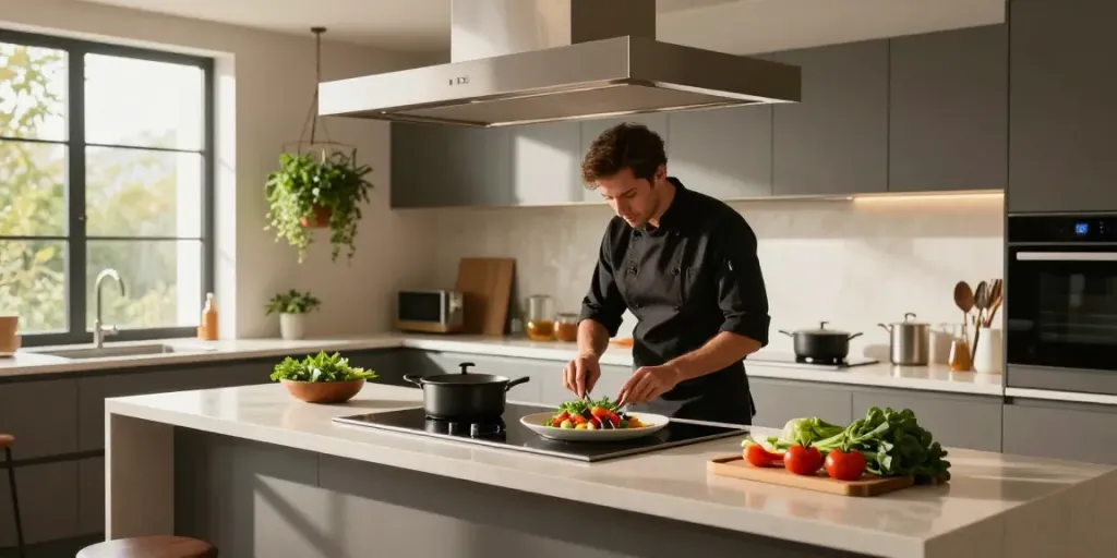 Hotte d'îlot central moderne dans une cuisine élégante avec chef cuisinant.