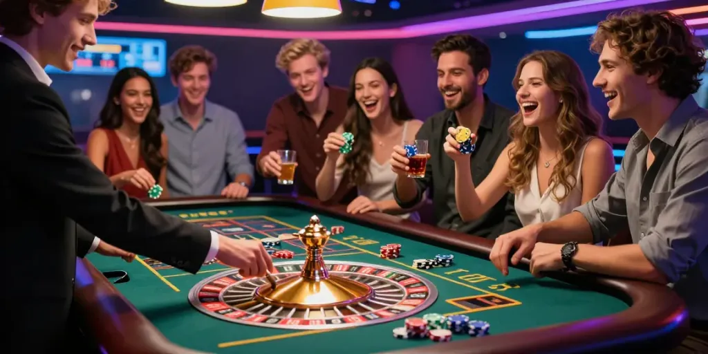 Casino en Ligne : groupe d'amis profitant d'une table de roulette animée et lumineuse.