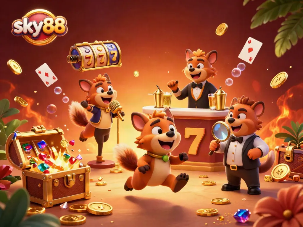 Experience the excitement of sky88 with a dynamic casino scene featuring lively hyenas and rich game elements.